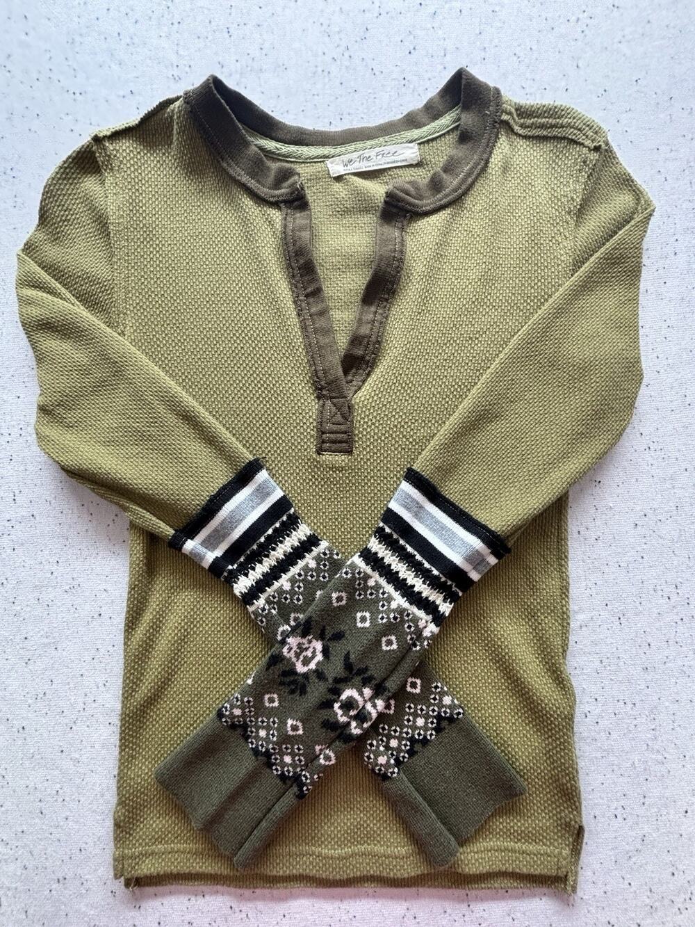 We The Free Women's Mikah Thermal Waffle Knit Top Knit Cuff Army Green XS Boho